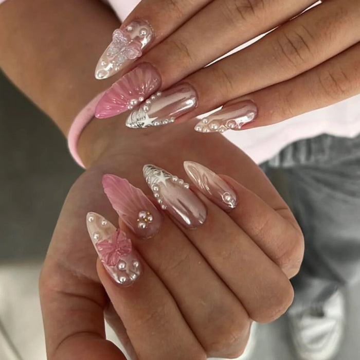 Pink Shell-Inspired Press On Nails with Starfish Details, Pearls and Rhinestones