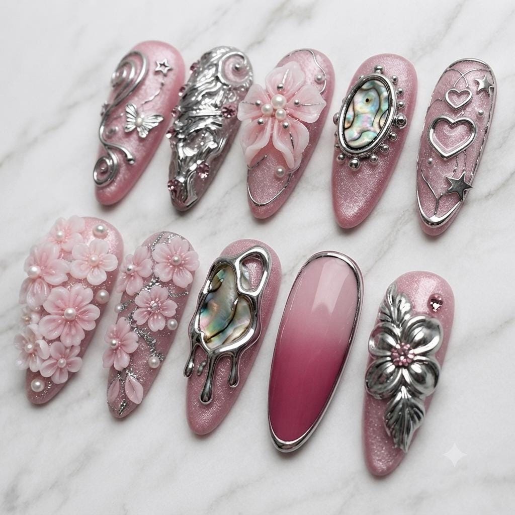 Pink Shimmer Press On Nails With 3D Flowers, Pearls and Silver Fairy Coquette Details
