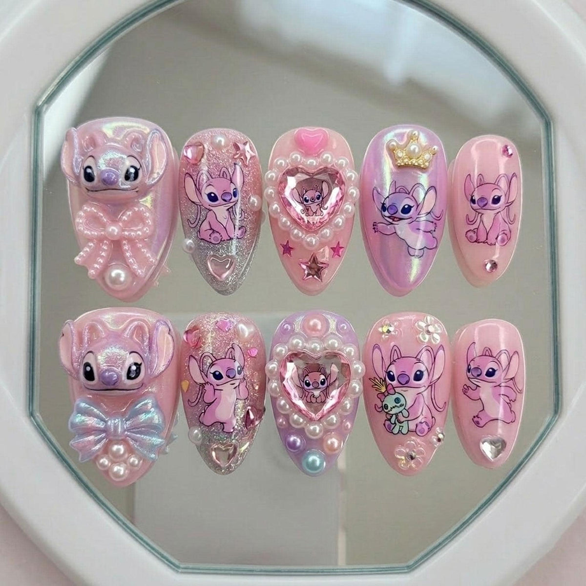 Pink Stitch Press On Nails With 3D Pearls, Bows, Hearts and Crown Details