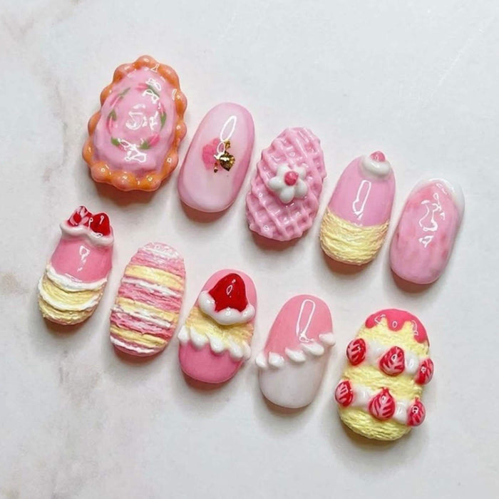 Pink Strawberry Cake Bakery Press On Nails With 3D Piped Icing and Waffle Details