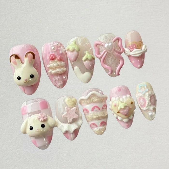 Pink Strawberry Cake Bunny Press On Nails With 3D Bows and Dessert Details