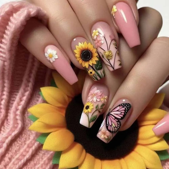 Pink Sunflower and Butterfly Floral Press On Nail Set