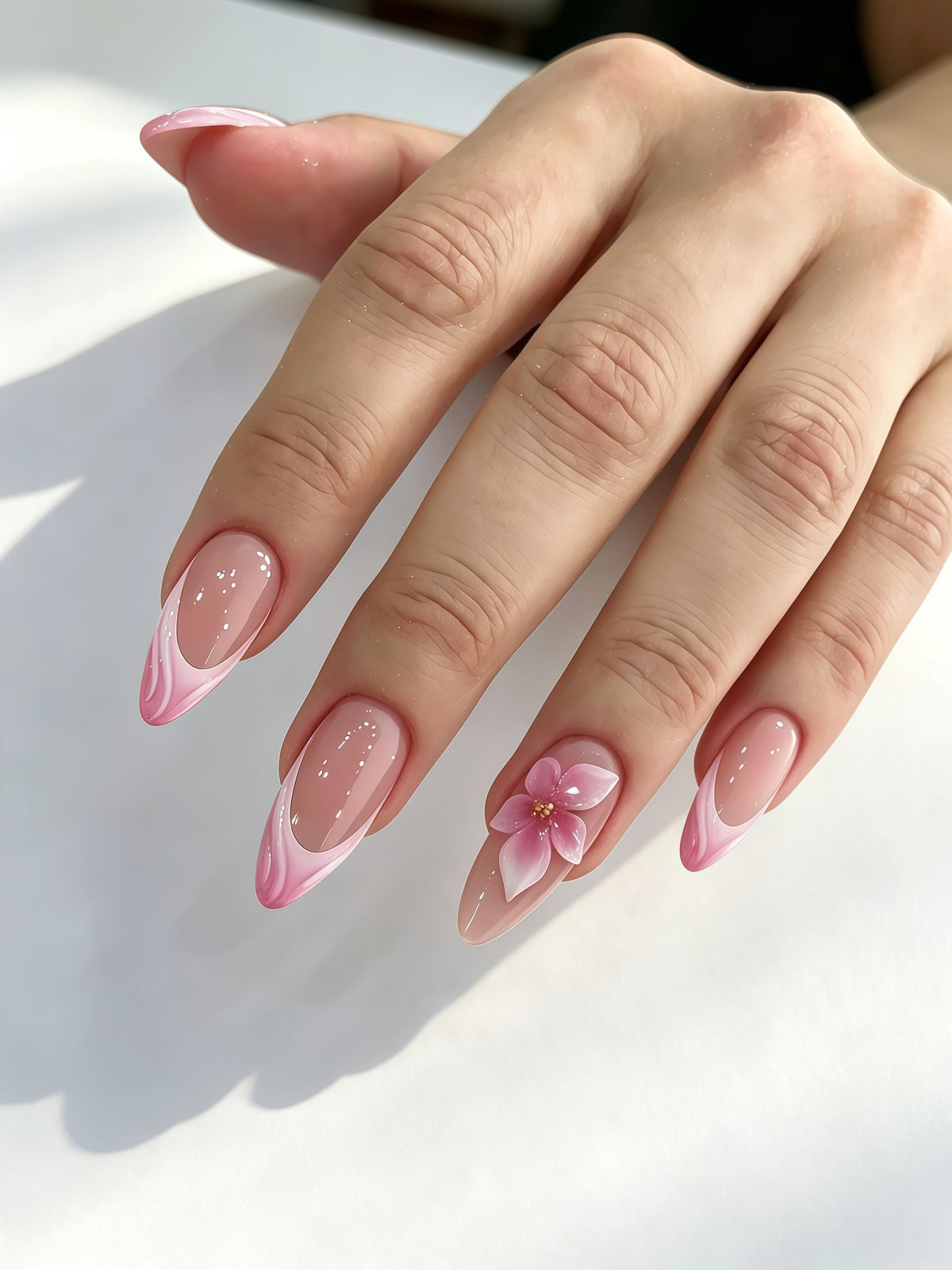 Pink Swirl French Tip Nails With Raised Flower Accent
