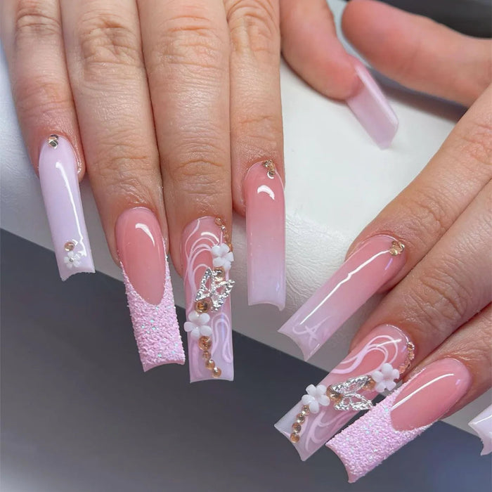 Pink Swirl Press On Nails With 3D Flowers, Textured Tips and Rhinestones