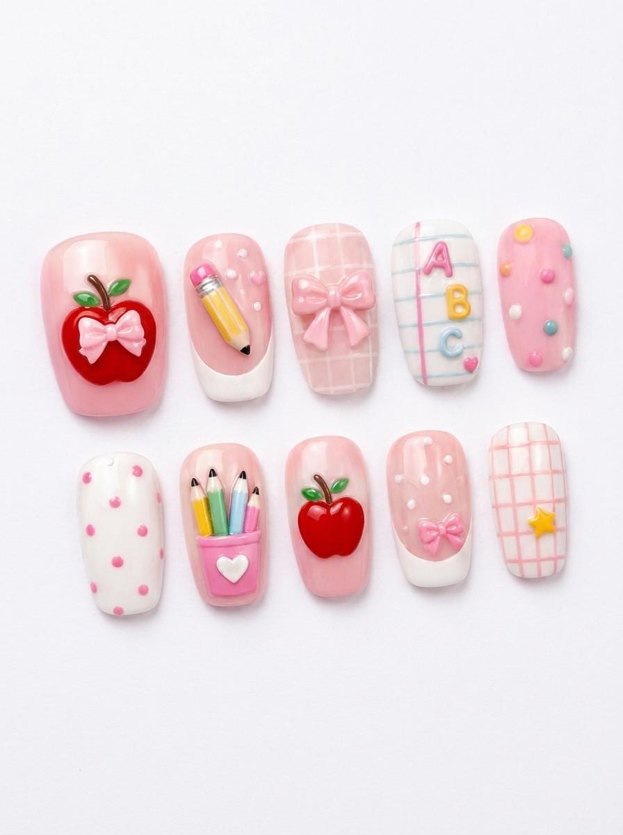 Pink Teacher Nail Set with Apples, Pencils, Bows, Alphabet Letters and Plaid