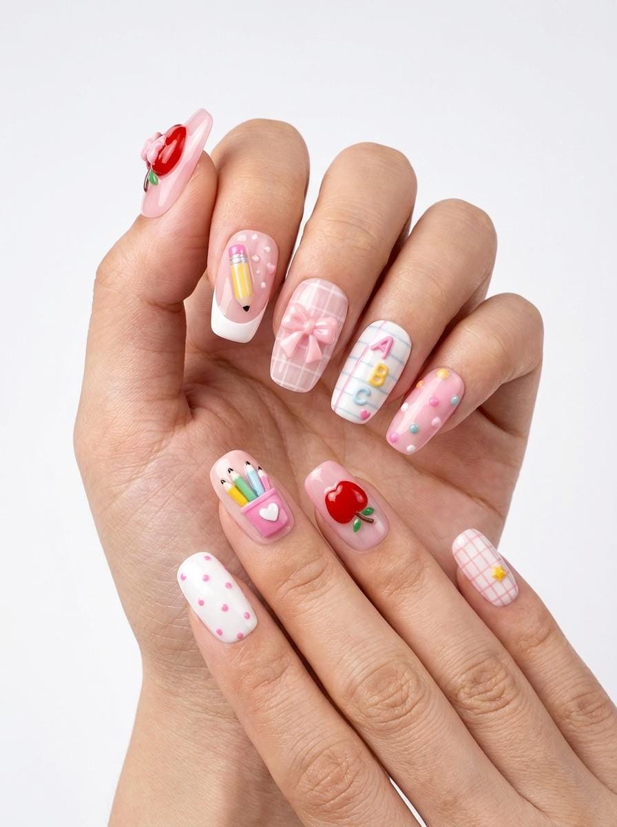 Pink Teacher Nail Set with Apples, Pencils, Bows, Alphabet Letters and Plaid