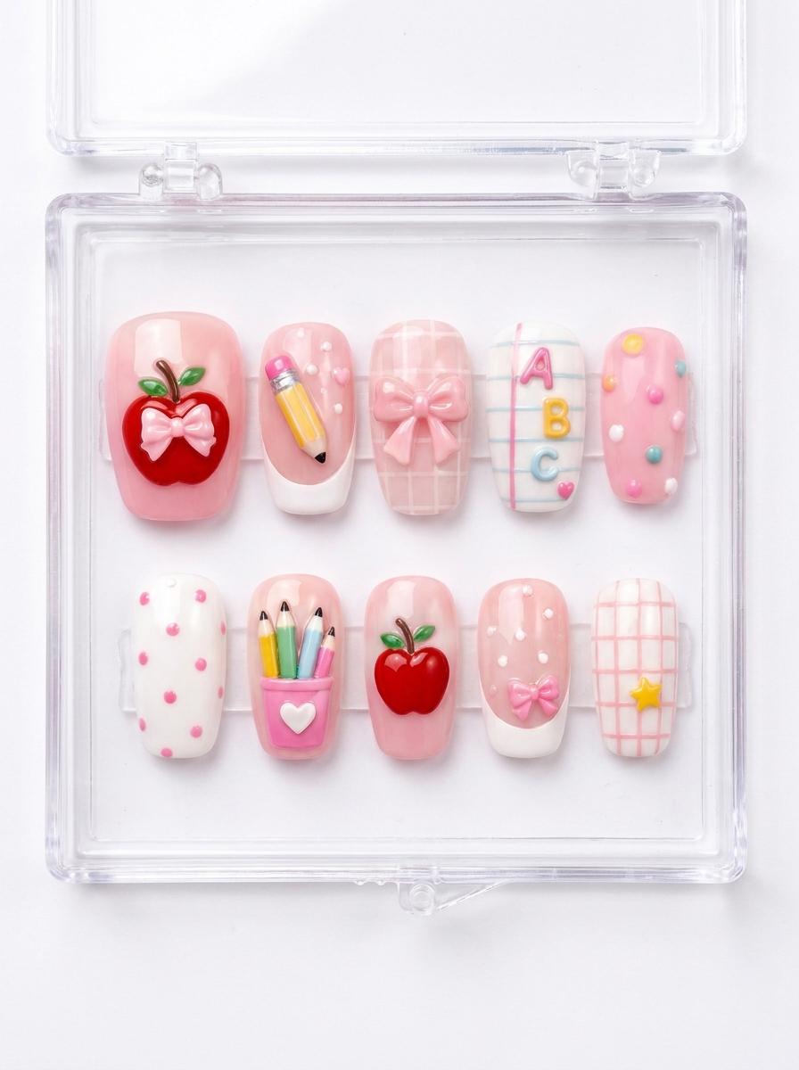 Pink Teacher Nail Set with Apples, Pencils, Bows, Alphabet Letters and Plaid