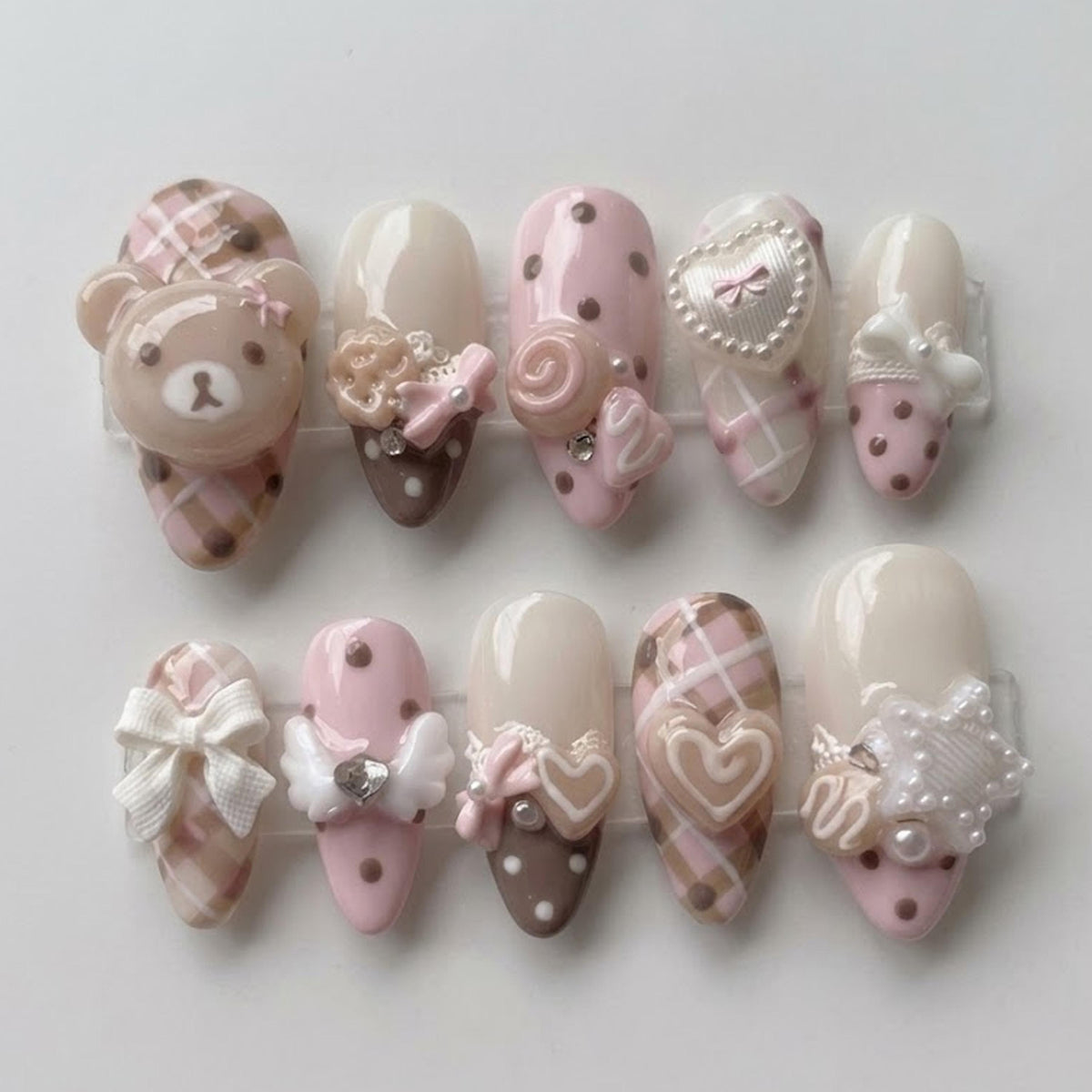 Pink Teddy Bear Press On Nails With Plaid, Bows, Hearts & Pearls