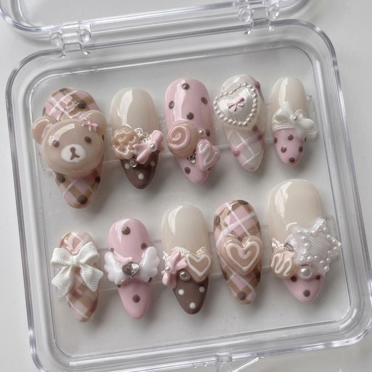 Pink Teddy Bear Press On Nails With Plaid, Bows, Hearts & Pearls