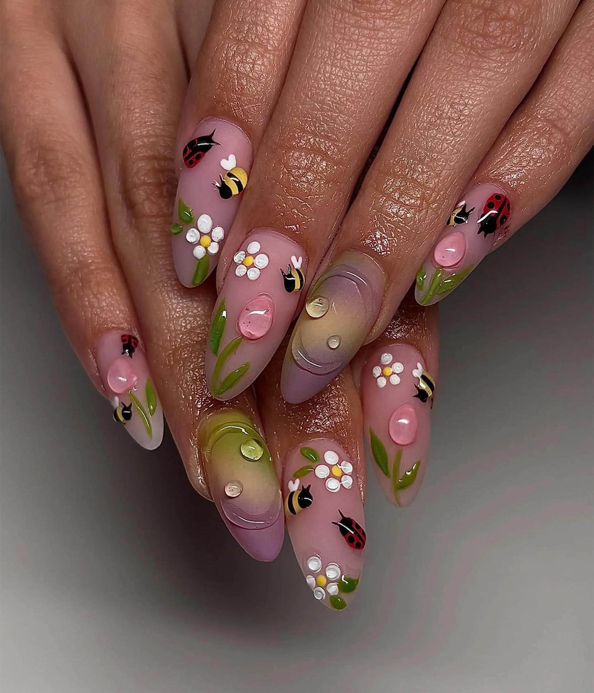 Pink Tulip and Daisy Press On Nails with Bees, Ladybugs, and Ombré Accents