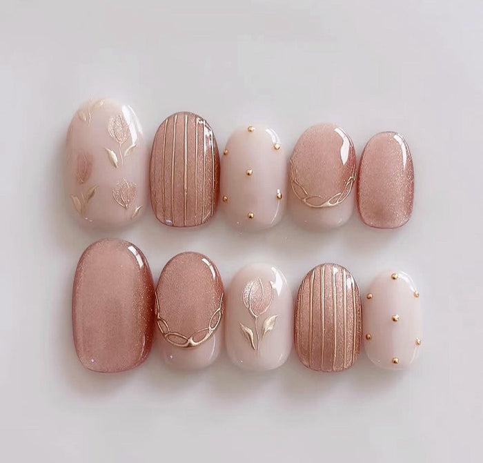 Pink Tulip Press On Nails With Rose-Gold Stripes and Gold Studs