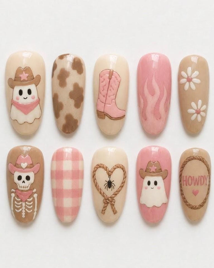 Pink Western Halloween Press On Nails with Cowboy Ghosts, Boot, Cow Print and Raised Rope Details
