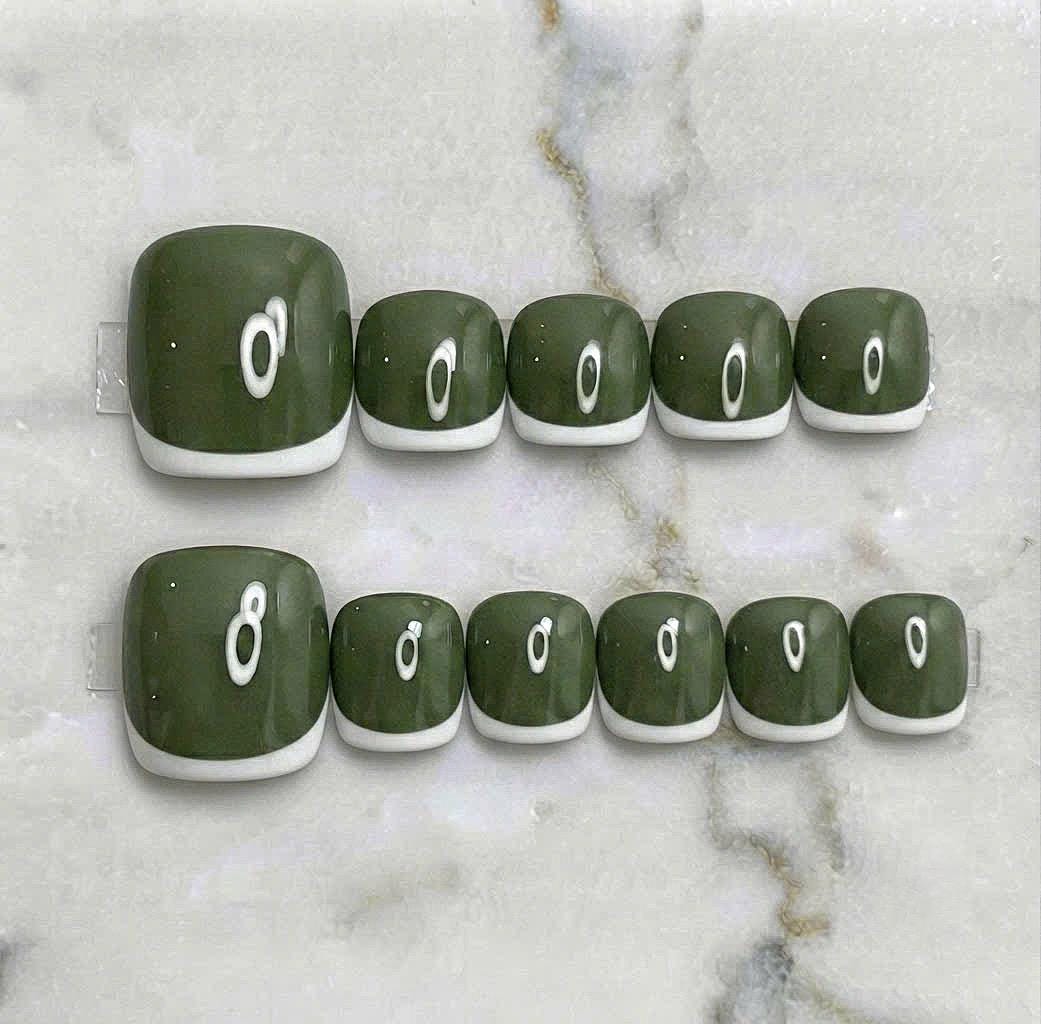Pink, White, and Olive Green French Tip Press-On Toenail Sets