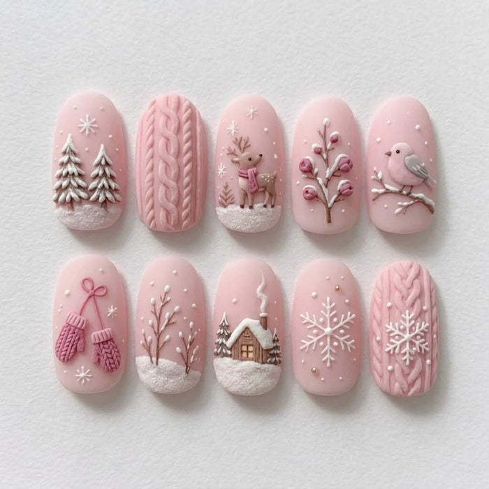 Pink Winter Cabin Press-On Nails With 3D Cable-Knit Details