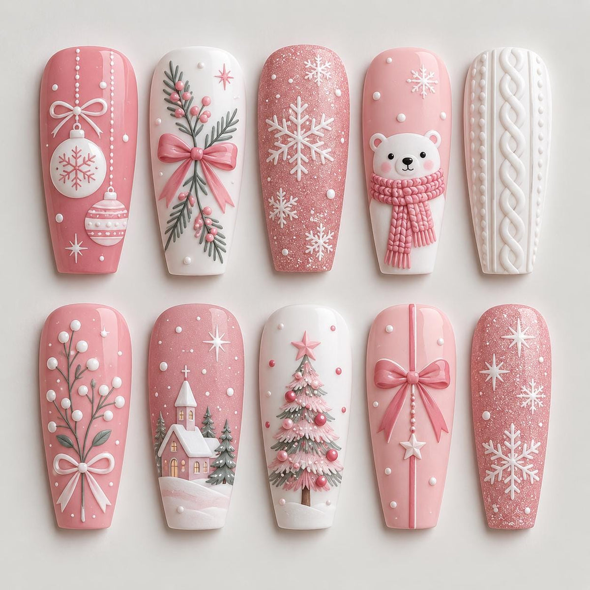 Pink Winter Christmas Press On Nail Set With Polar Bear, Snowflakes & Cable Knit