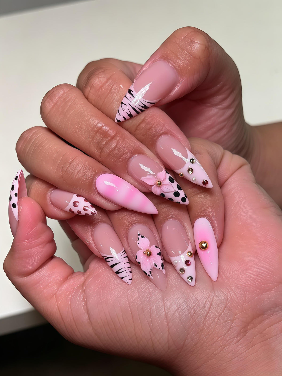 Pink Zebra and Polka Dot Nails with 3D Flowers and Gold-Toned Studs