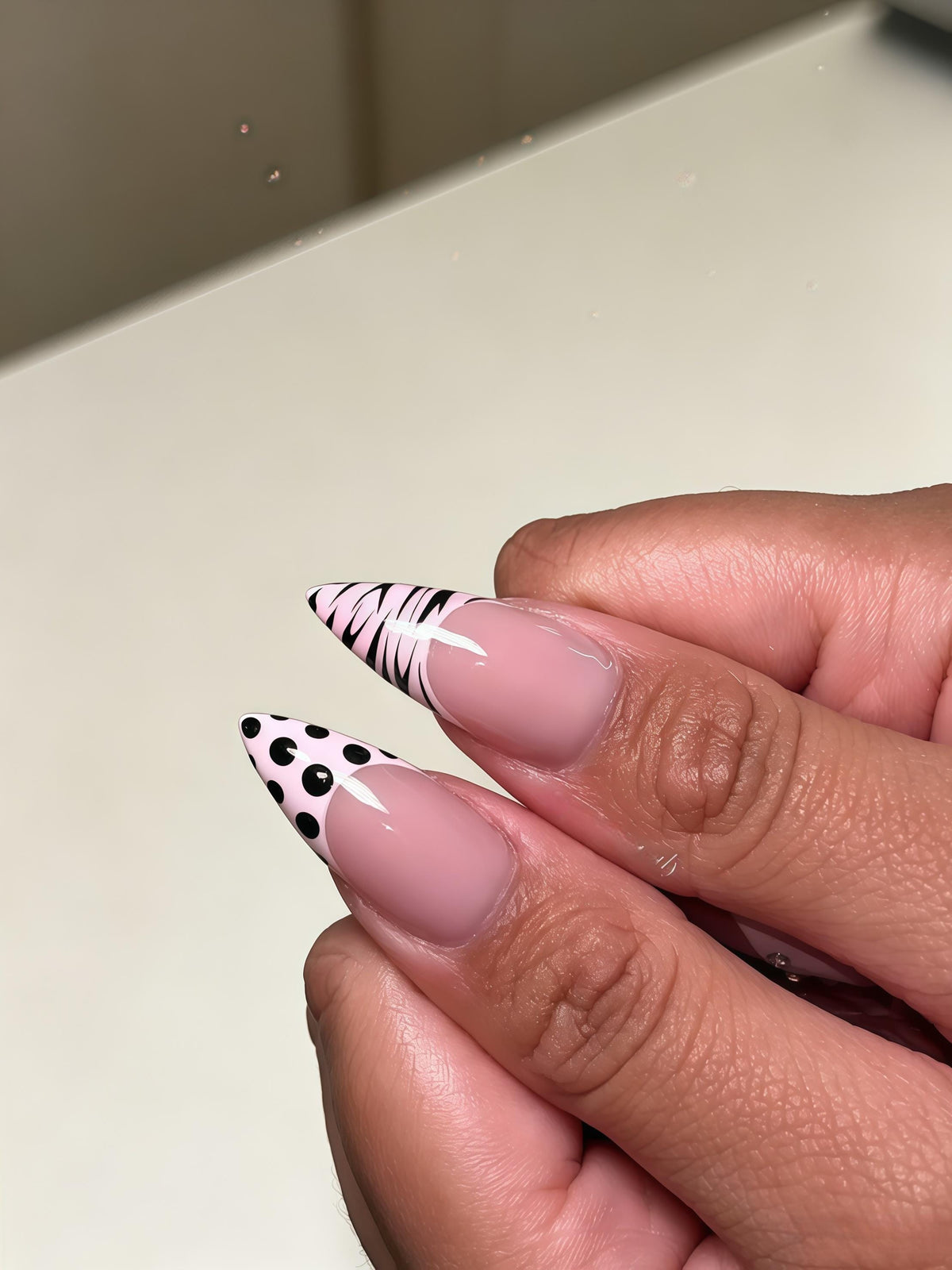 Pink Zebra and Polka Dot Nails with 3D Flowers and Gold-Toned Studs