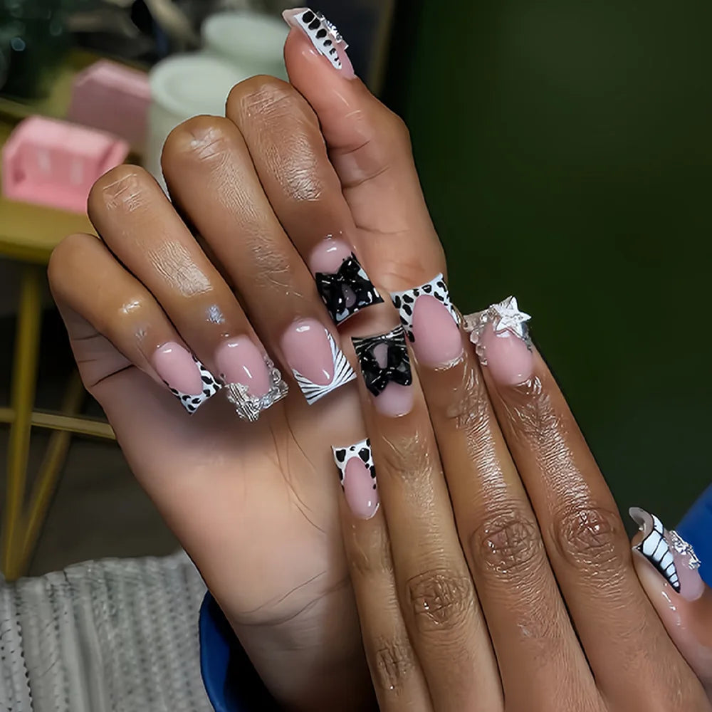 Pink Zebra French Tip Press On Nails with Black Bows and Embellishments