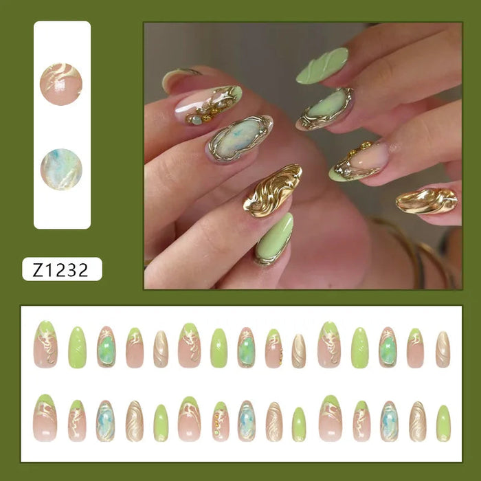 Pistachio Green and Nude Pink Press On Nails with Gold Swirls and Marbled Accents