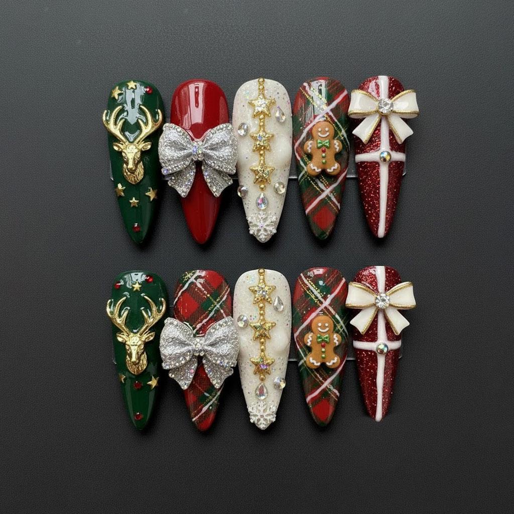 Plaid Christmas Press On Nails with Reindeer, Gingerbread, Bows and Gold Details