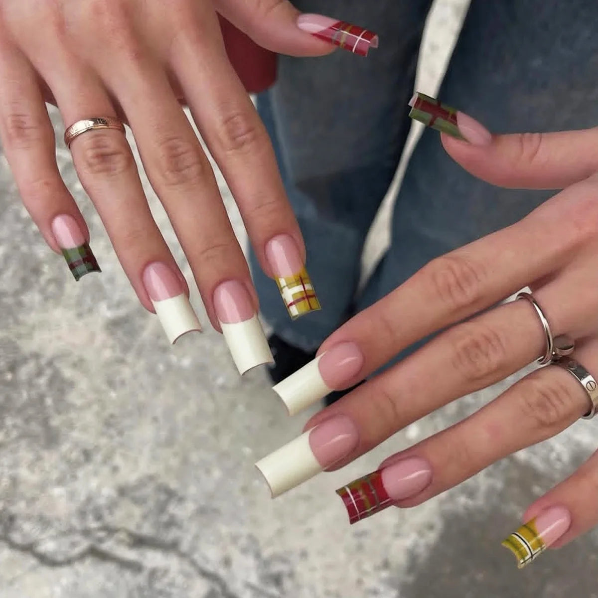 Plaid French Tip Press On Nails in Pink, White, Red, Green, and Yellow