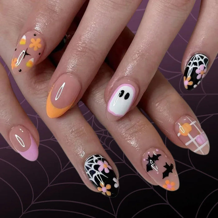 Playful Halloween Ghost, Spiderweb and Flower Press On Nail Set