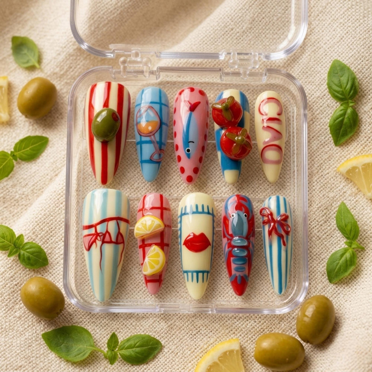 Playful Seaside Press On Nails With Citrus, Lobster, Stripes, and Polka Dots