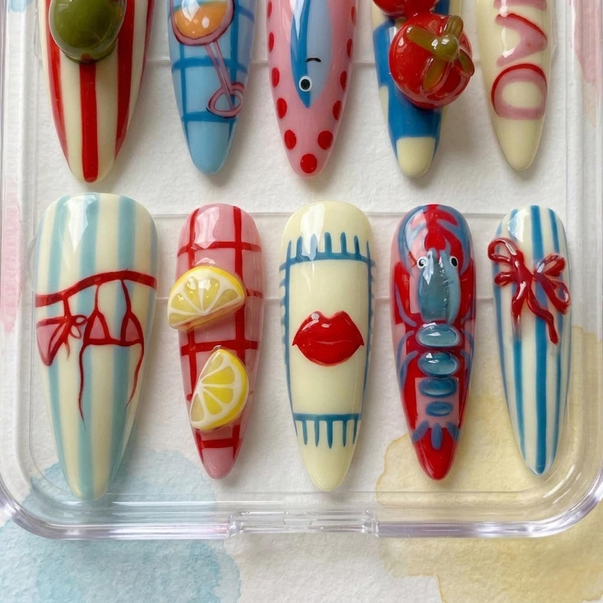 Playful Seaside Press On Nails With Citrus, Lobster, Stripes, and Polka Dots