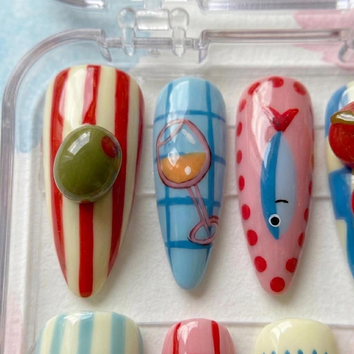 Playful Seaside Press On Nails With Citrus, Lobster, Stripes, and Polka Dots