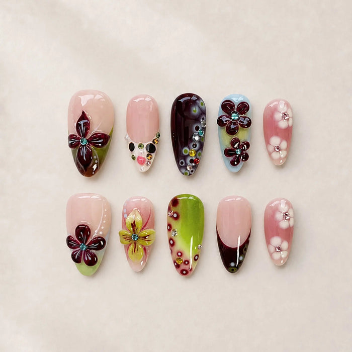 Plum and Lime Painted Flower Press On Nail Set with 3D Details