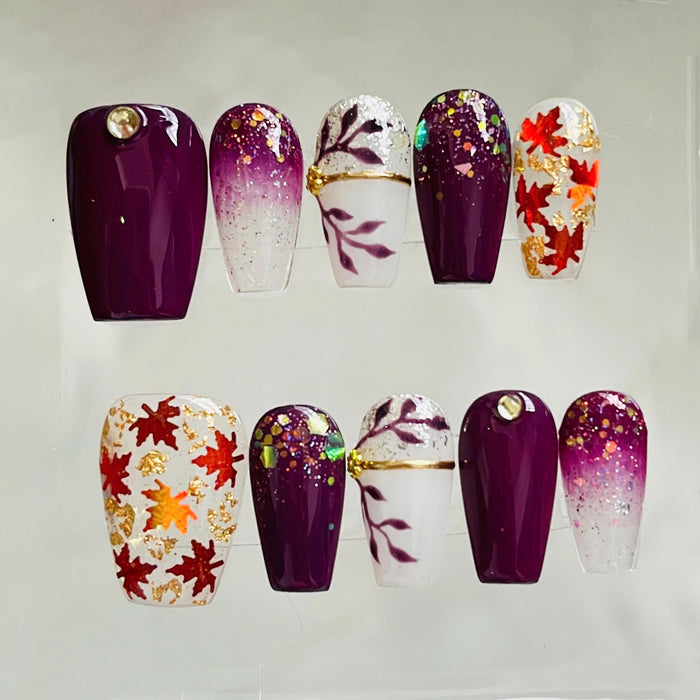 Plum Glitter Maple Leaf Autumn Press On Nail Set