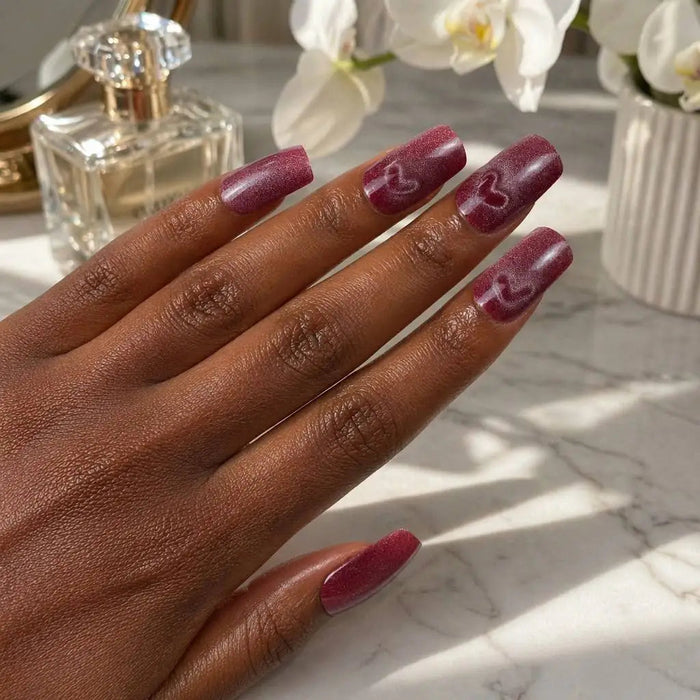 Plum Mauve Cat Eye Press On Nails With Outlined Hearts