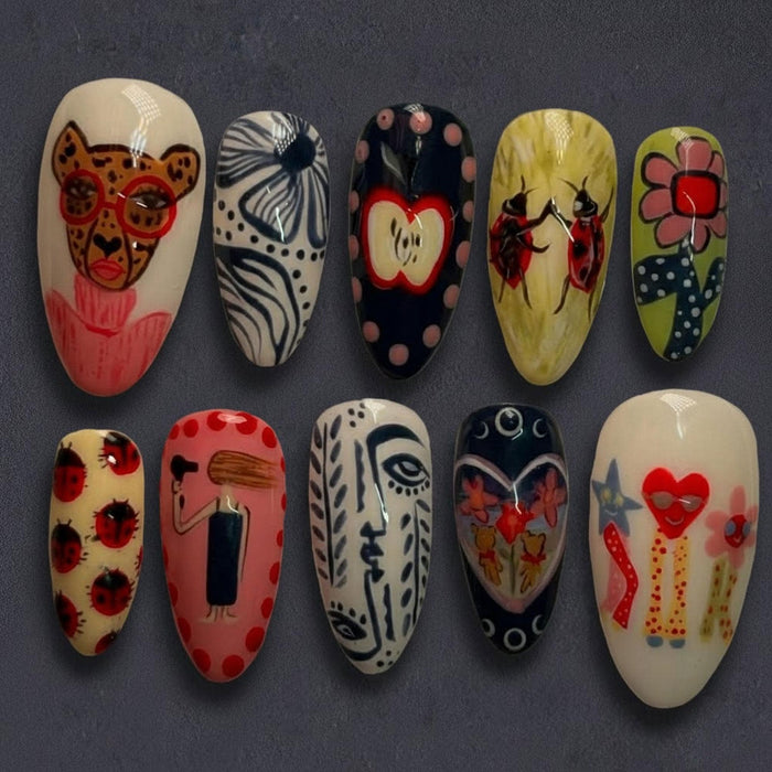Pop Art Press-On Nails With Leopard Faces, Ladybugs, Floral and Abstract Designs