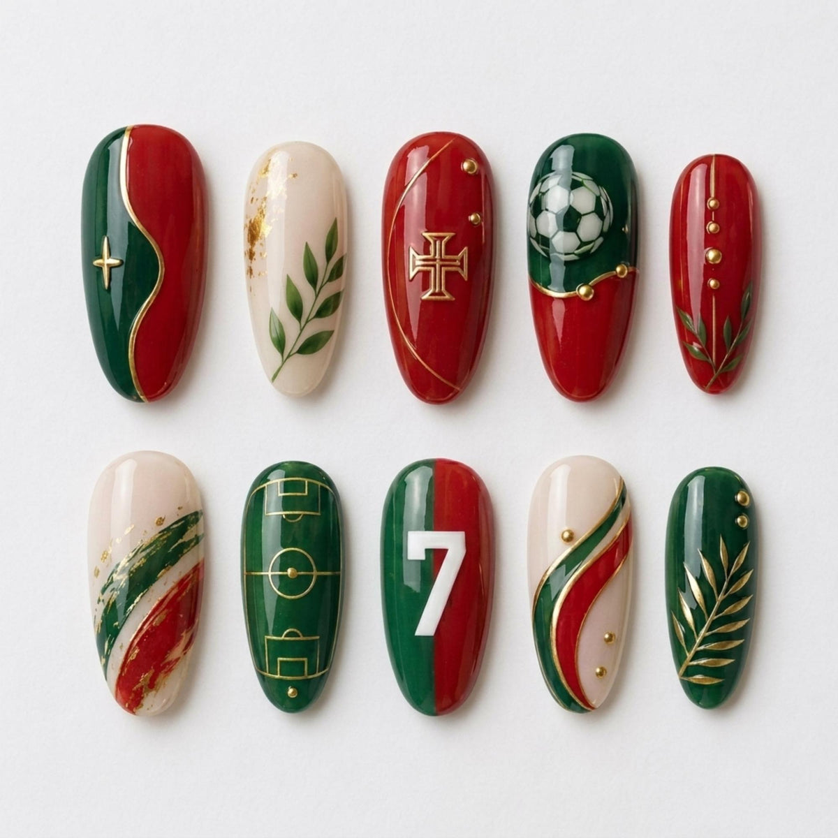 Portugal Football Nails with Number 7, Soccer Ball and Gold Accents