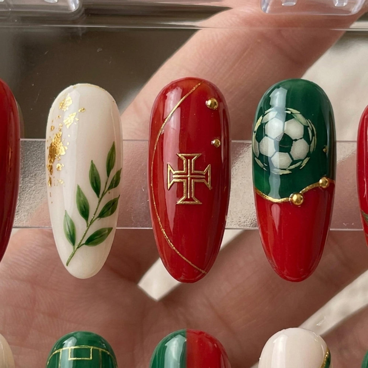 Portugal Football Nails with Number 7, Soccer Ball and Gold Accents