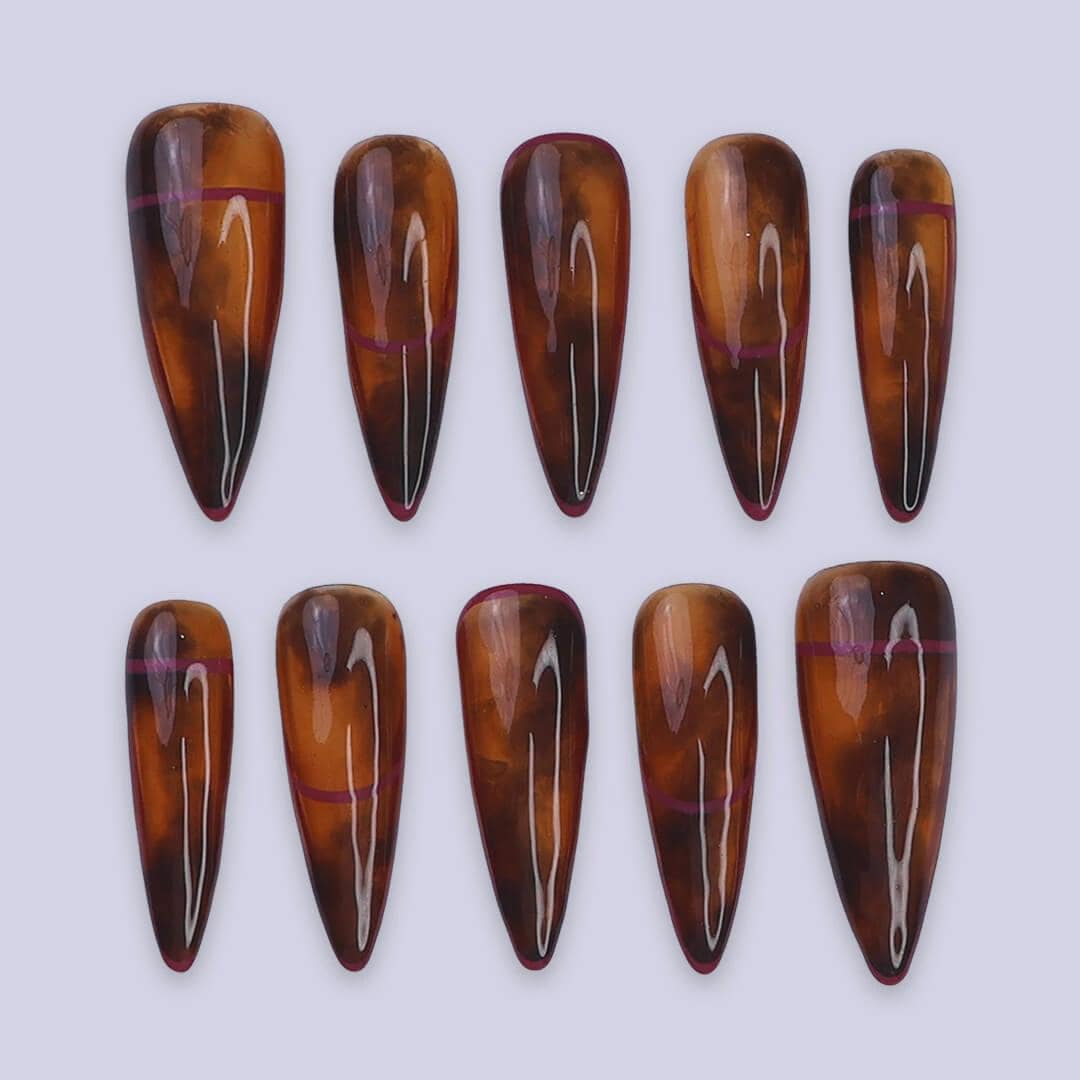 Amber Tortoiseshell Press On Nail Set With Muted Pink-Purple Bands