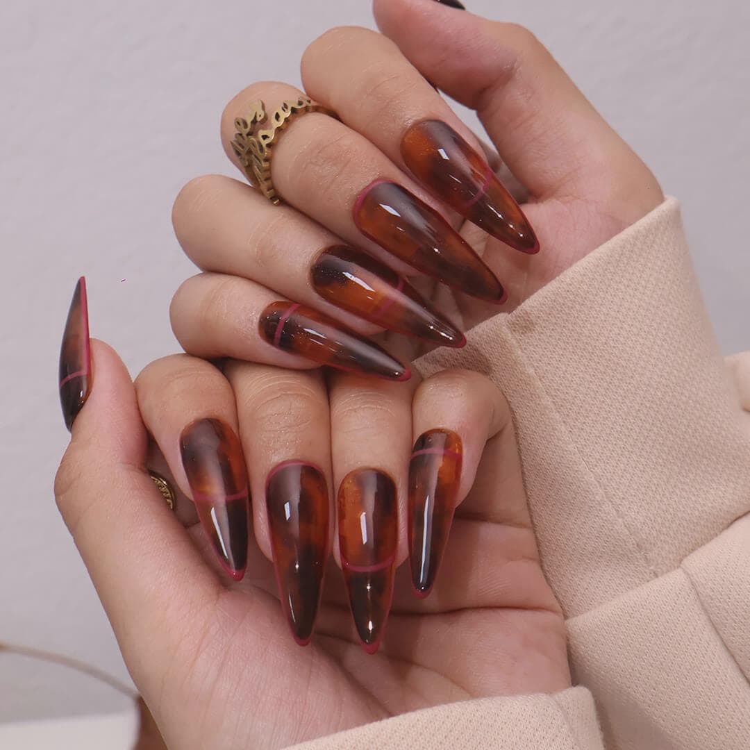 Amber Tortoiseshell Press On Nail Set With Muted Pink-Purple Bands