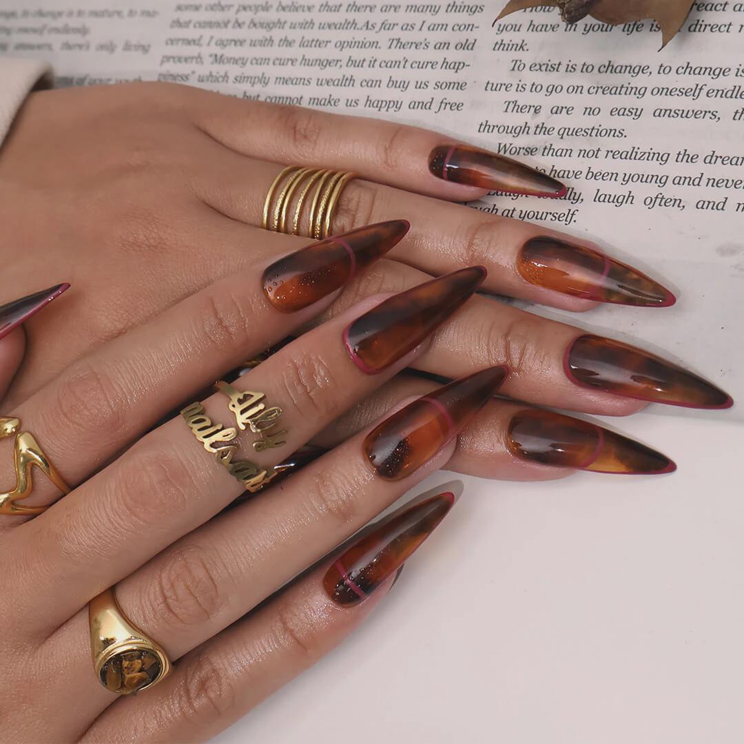 Amber Tortoiseshell Press On Nail Set With Muted Pink-Purple Bands