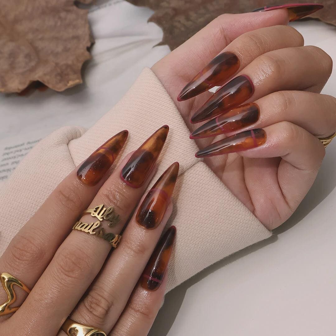 Amber Tortoiseshell Press On Nail Set With Muted Pink-Purple Bands