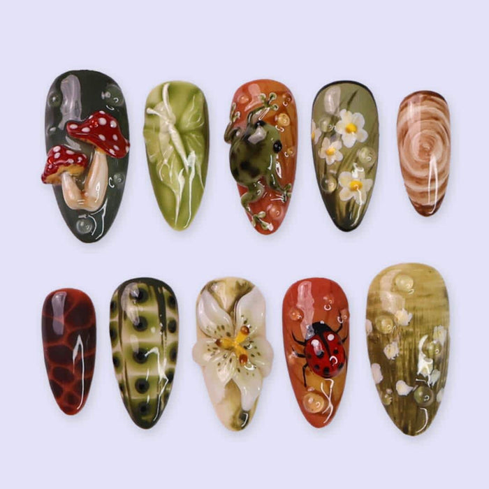 Woodland Frog, Mushroom & Ladybug Press On Nails in Autumn Greens