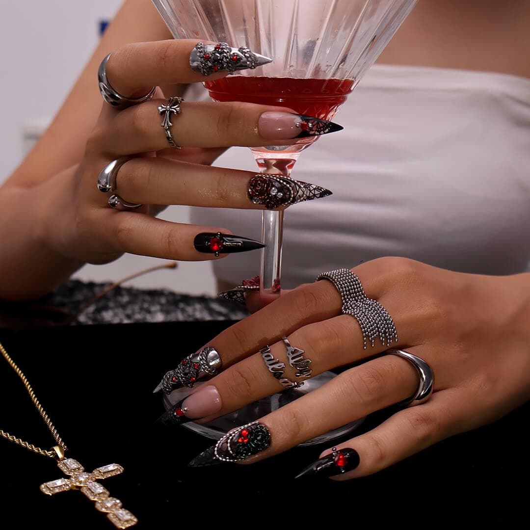 Halloween Gothic Black and Nude Nails with Red Roses, Silver Chains, and Lattice Details