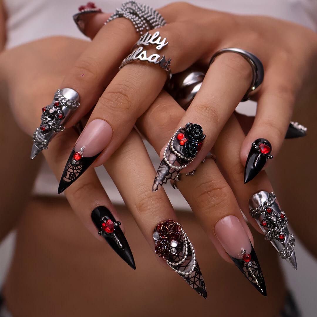 Halloween Gothic Black and Nude Nails with Red Roses, Silver Chains, and Lattice Details