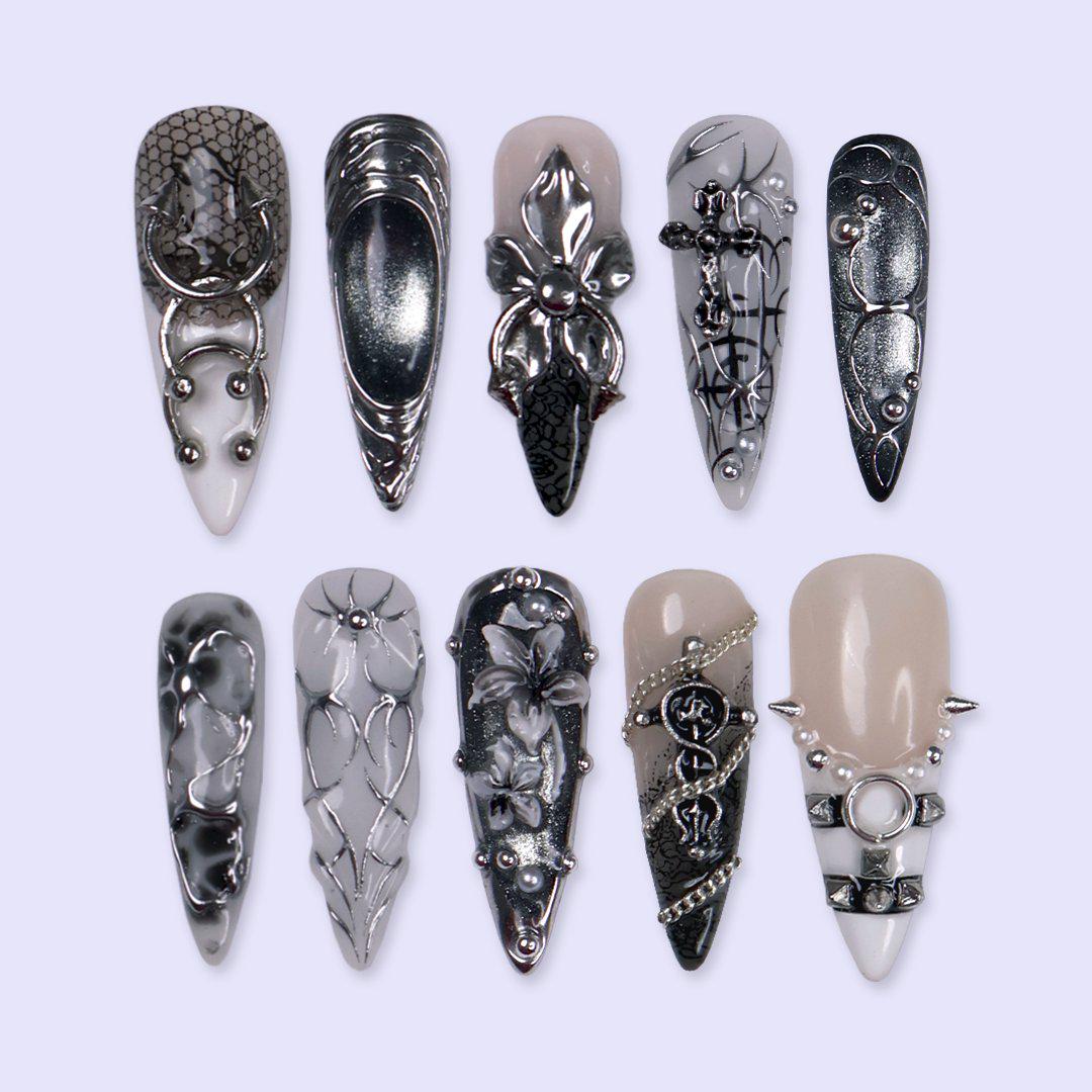 Halloween Gothic Silver Chrome Press On Nails with 3D Flowers, Chains and Piercing Details