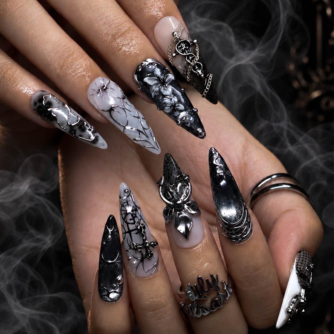 Halloween Gothic Silver Chrome Press On Nails with 3D Flowers, Chains and Piercing Details