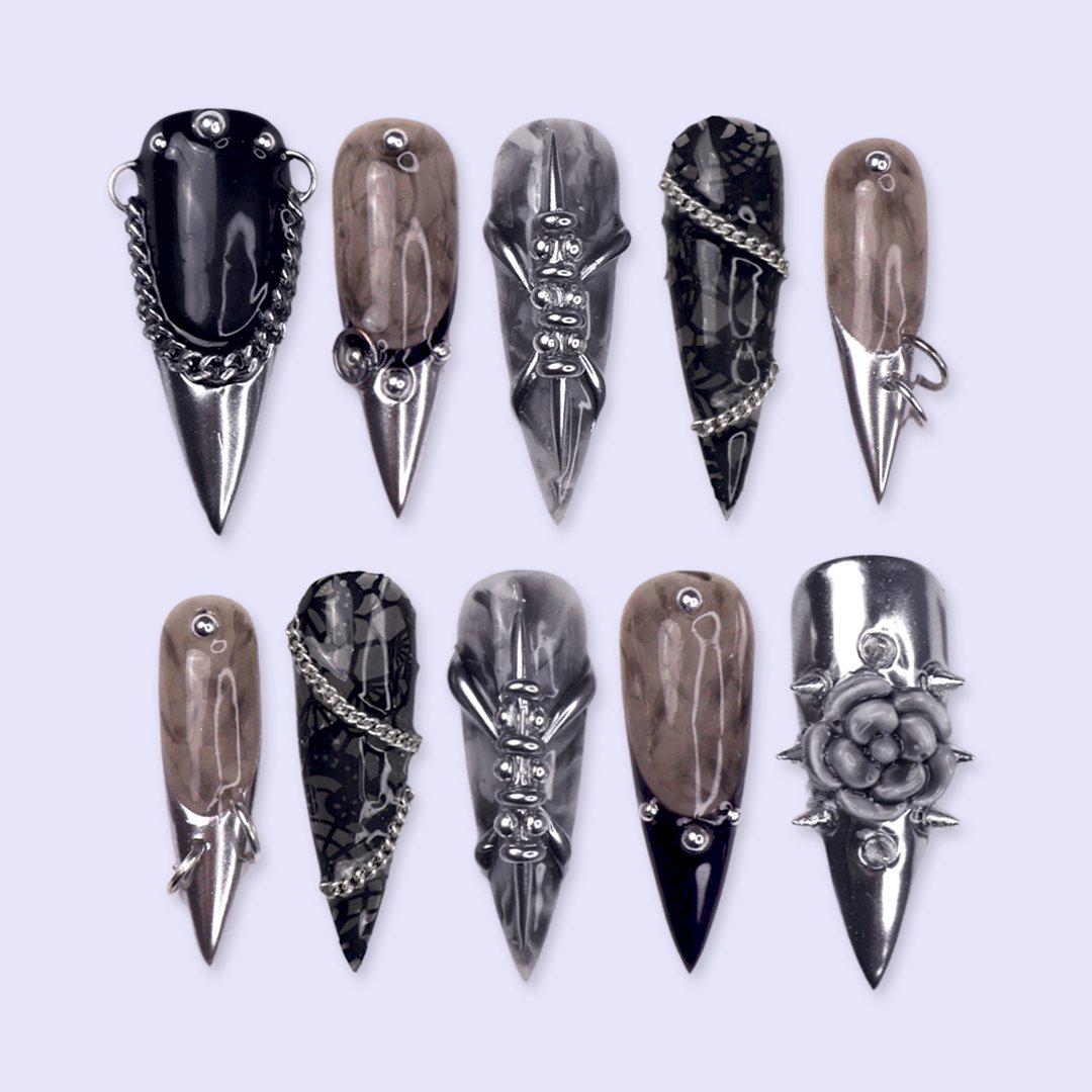 Halloween Black, Smoky Taupe & Silver Chrome Gothic Nails with Chains and 3D Flower