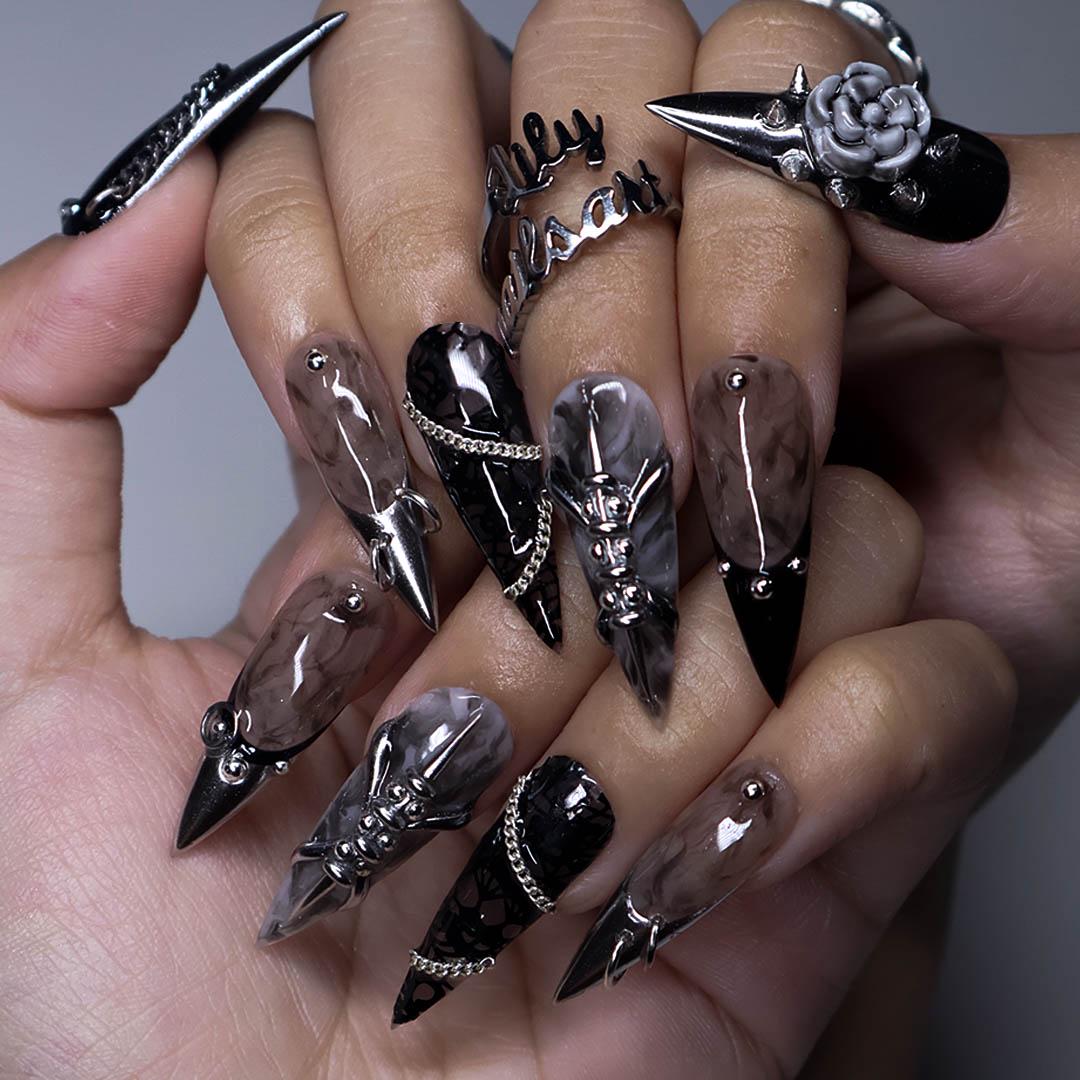 Halloween Black, Smoky Taupe & Silver Chrome Gothic Nails with Chains and 3D Flower