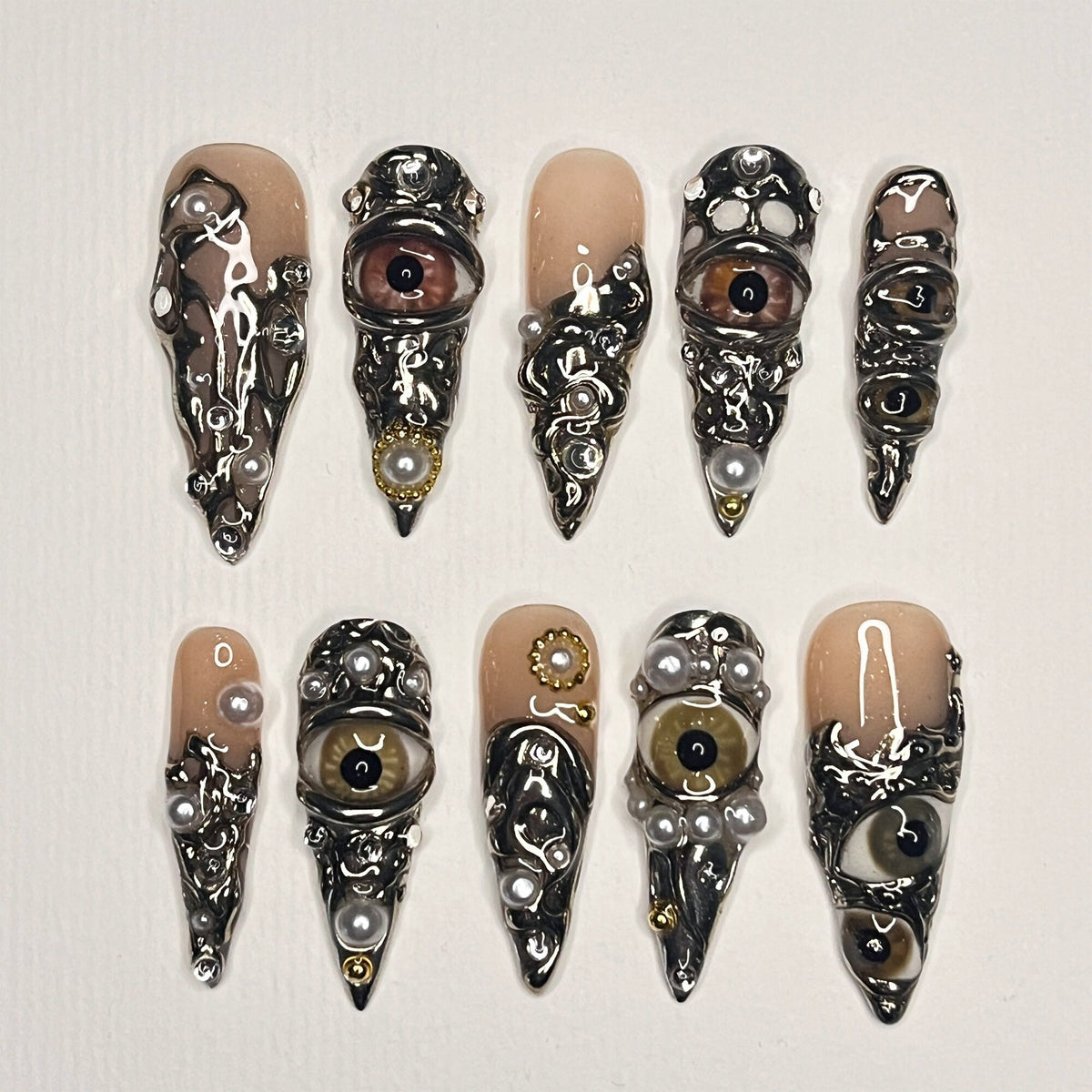 Gothic Halloween Horror Eye Press-On Nail Set with Raised Filigree and Bead Details