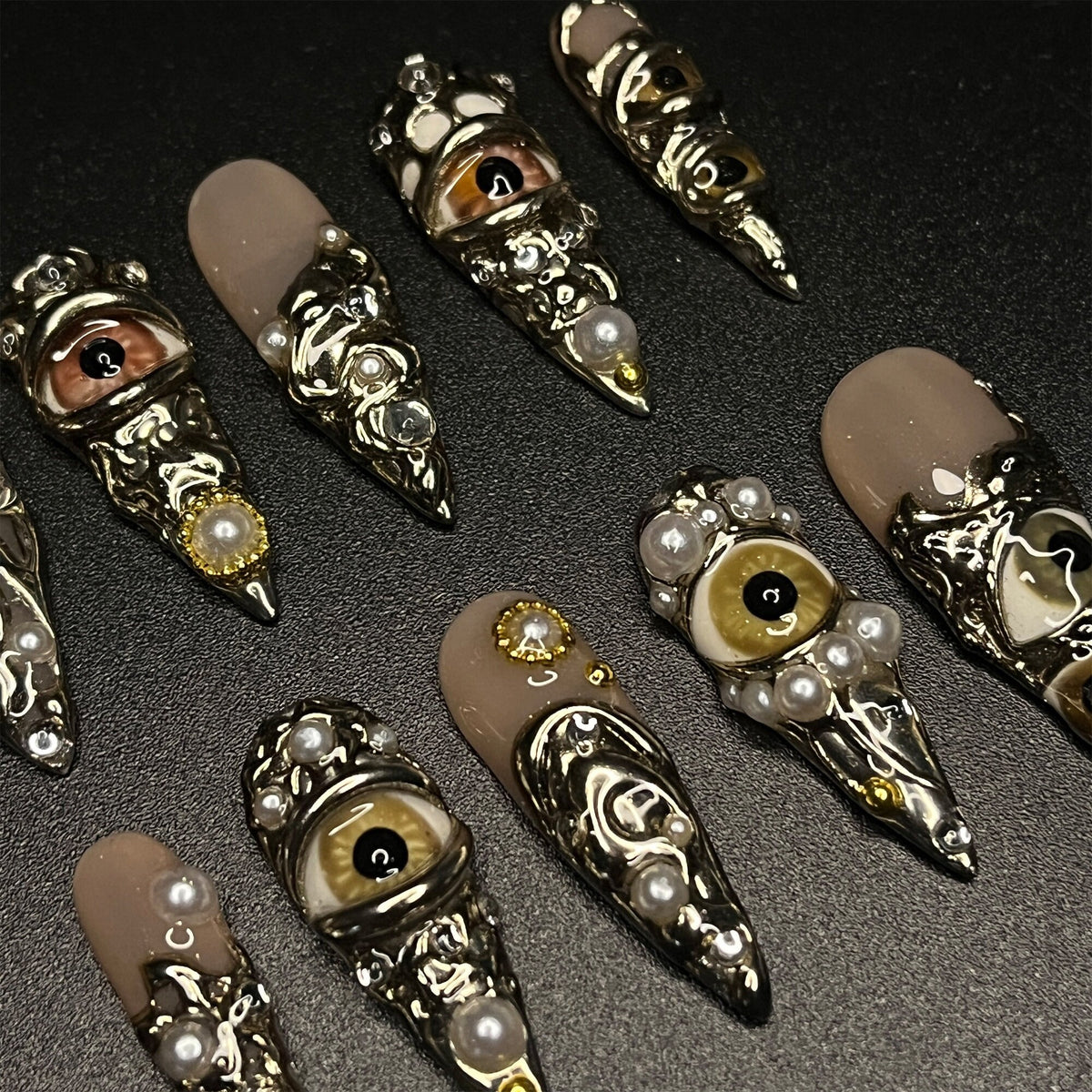 Gothic Halloween Horror Eye Press-On Nail Set with Raised Filigree and Bead Details