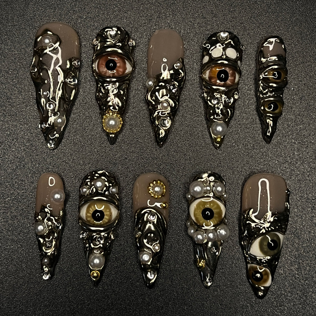 Gothic Halloween Horror Eye Press-On Nail Set with Raised Filigree and Bead Details