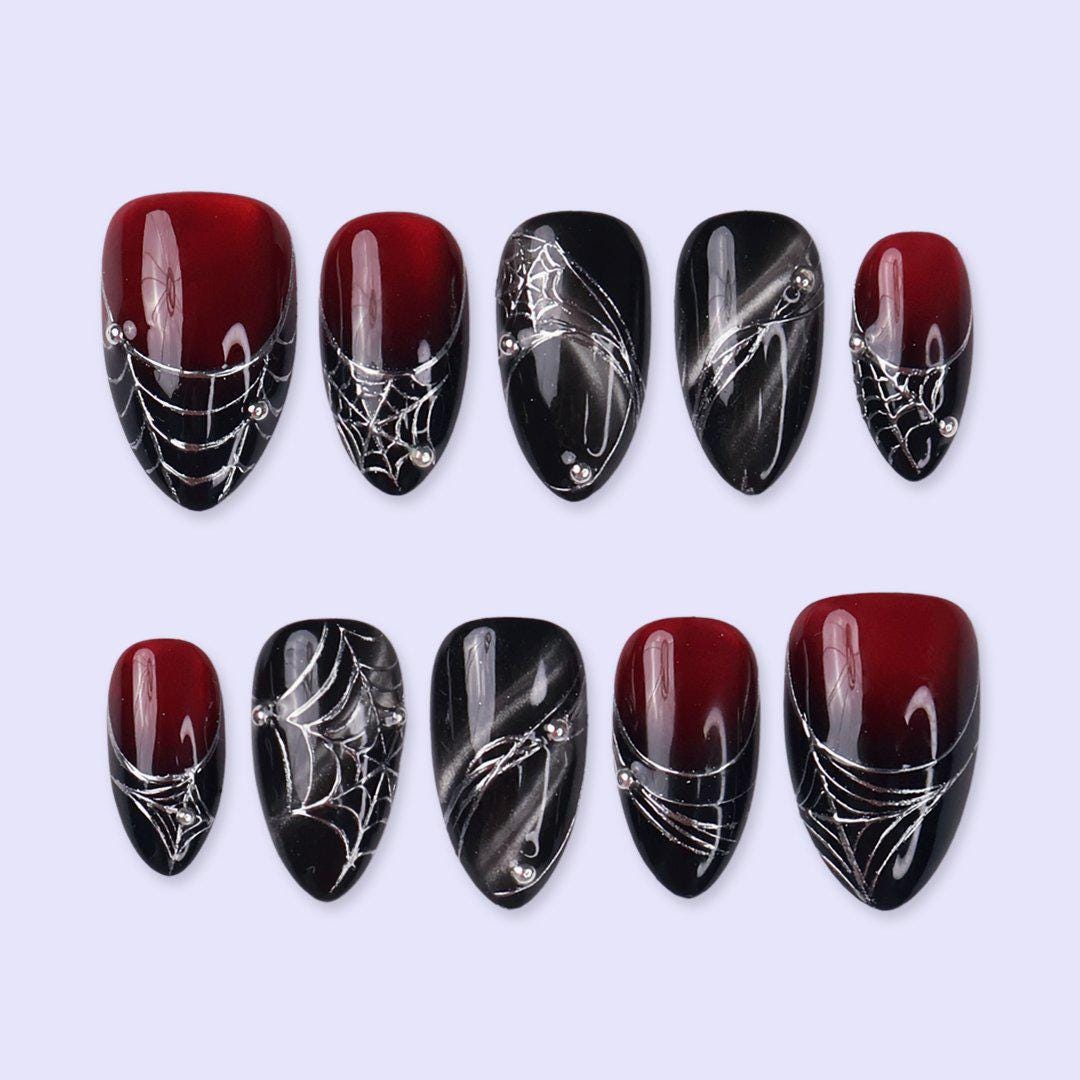 Halloween Blood Red and Black Spiderweb Press-On Nails With Silver Details